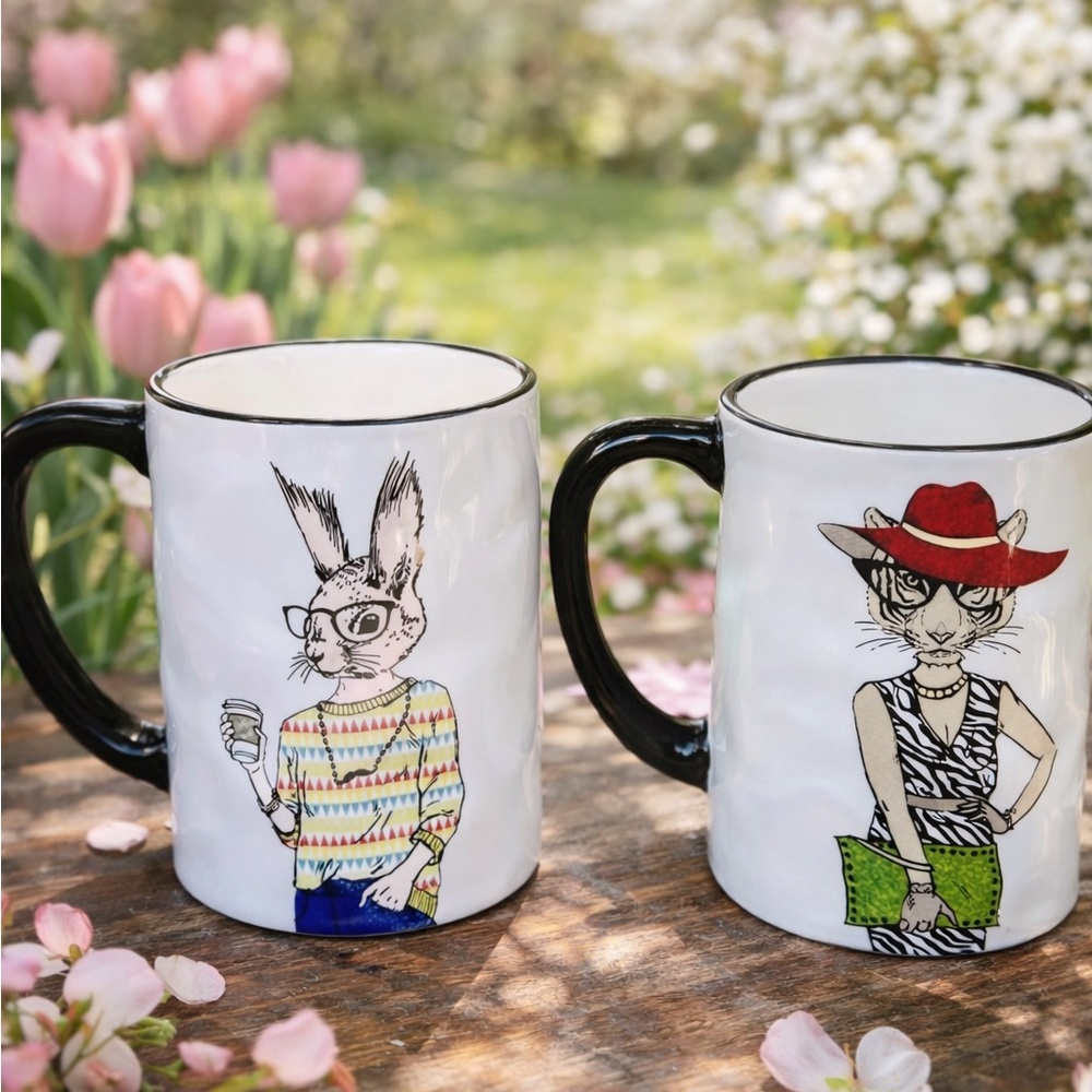 Signature Housewares Hipster Animal Ceramic Mug Set of 2 Rabbit Tiger